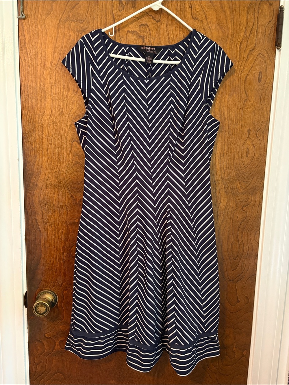 Robbie Bee Navy and White Chevron Fit-and-Flare Dress